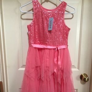 Sequin top, frilly dress